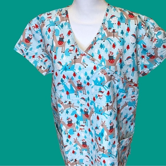 Reindeer Christmas Women’s Scrub Top - Picture 3 of 7